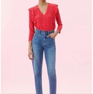 Rebecca Taylor Red Polka Dot Ruffle 100% Silk Blouse